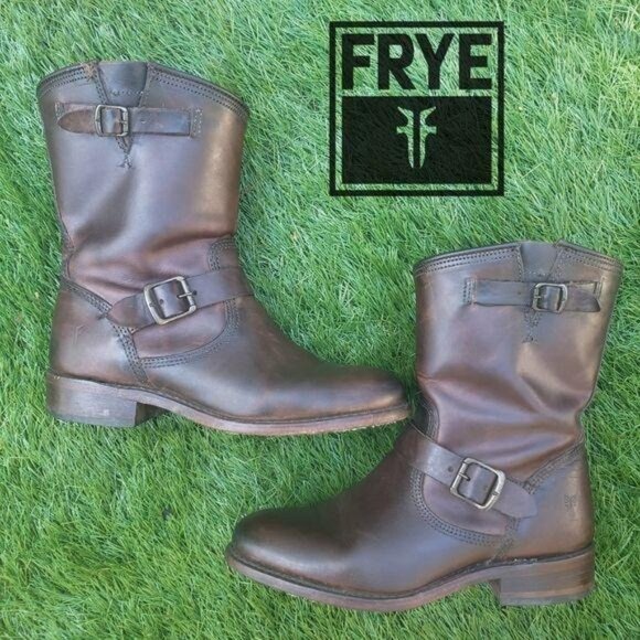 Frye veronica Brown Leather Mid-Calf Engineer Boots Size 6 - Picture 1 of 8
